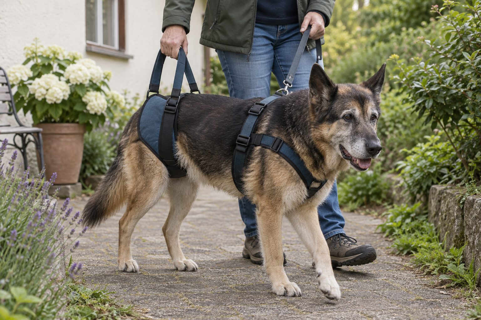Ein Seniorhund mit schwacher Hinterhand wird auf einem ebenen Gartenweg behutsam unterstützt.