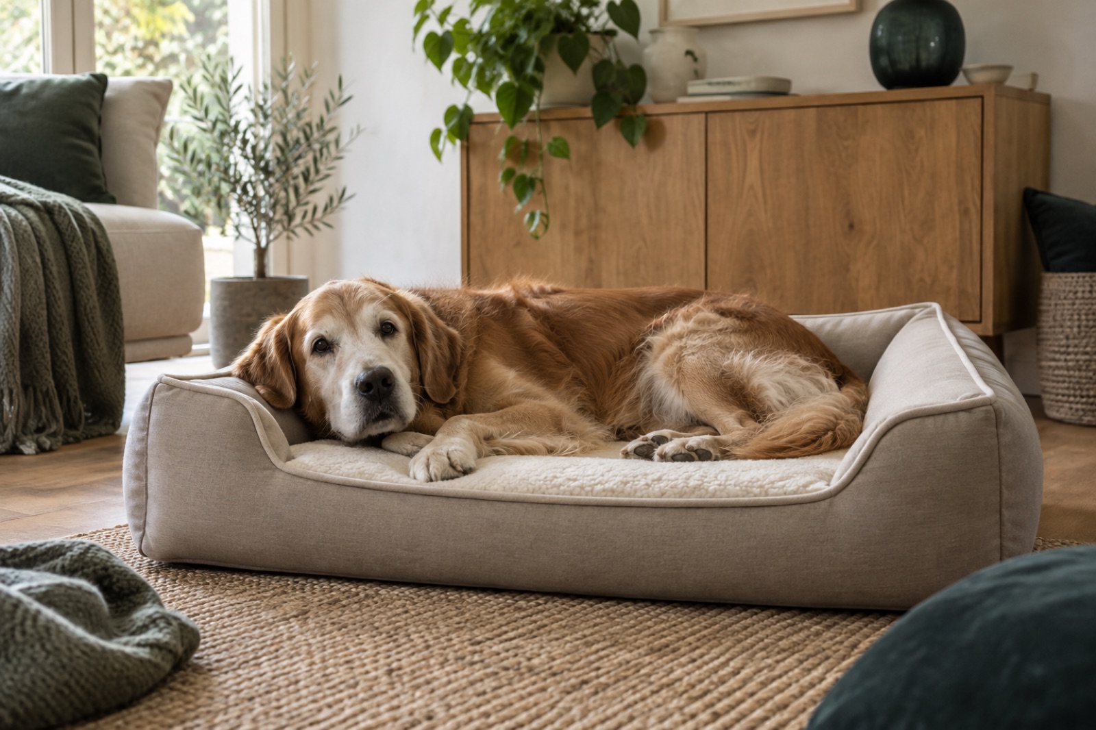 Ein alter Golden Retriever mit grauer Schnauze liegt entspannt in einem niedrigen Hundebett mit erhöhtem Rand.