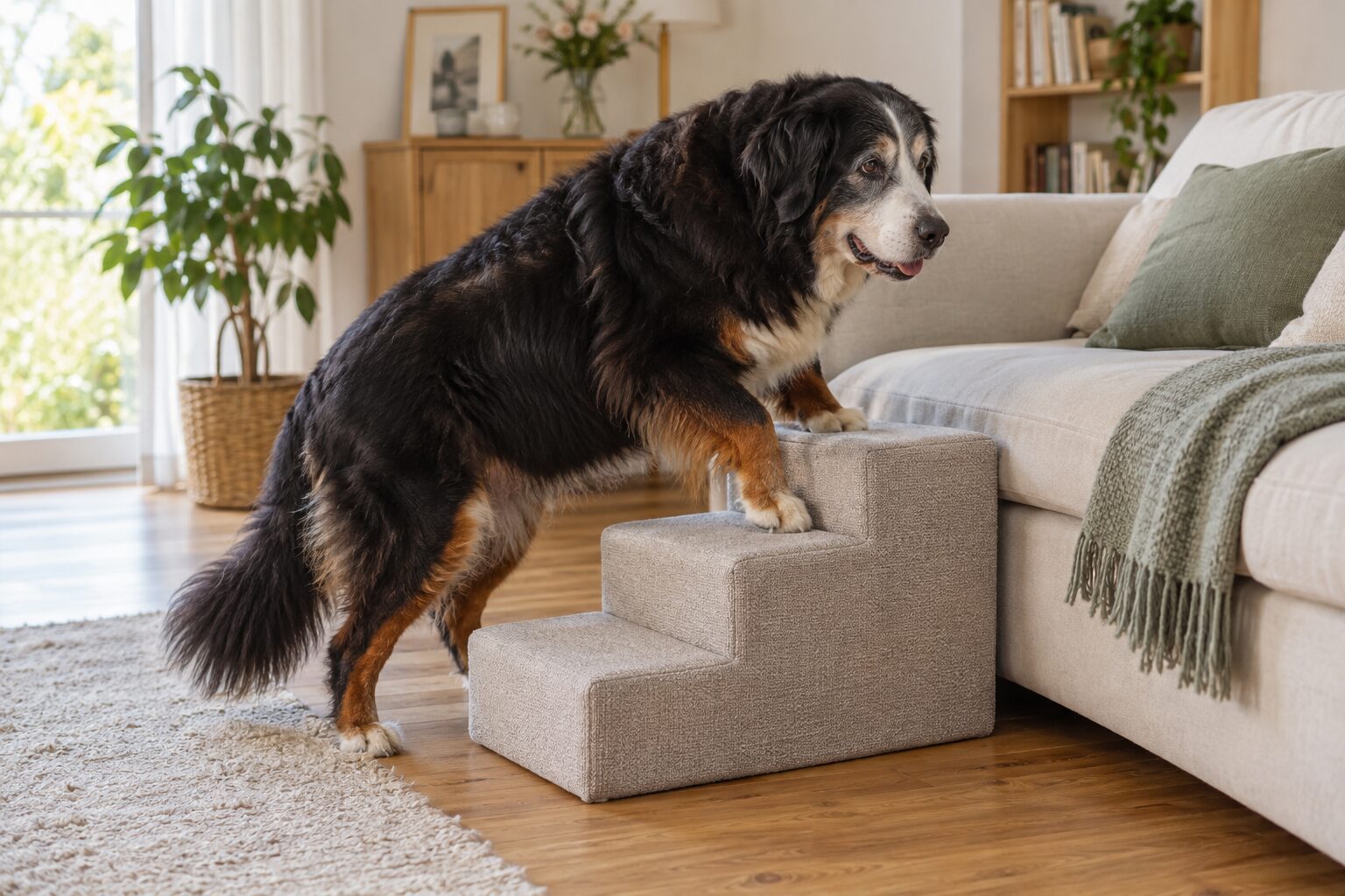 Ein alter großer Hund steigt über drei breite gepolsterte Stufen auf ein Sofa.